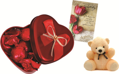 

Skylofts Romantic Heart Shape Chocolate Tin Box Birthday Valentines Chocolate Gift Pack With A Cute Teddy And Birthday Card Combo(60gms)