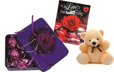 

Skylofts Stylish 100gms Chocolate Ractanguler Tin Gift Pack With Teddy Bear And Love Card Combo(90gms)