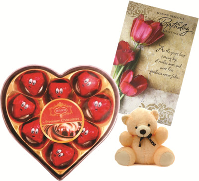 

Skylofts Stylish Heart chocolate box with teddy and a birthday greeting card combo gift Combo(100gms)