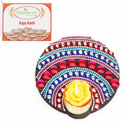 Ghasitaram Gifts Diwali Floating Multicolor T-Lite with kaju Katli Combo Combo(400 g)