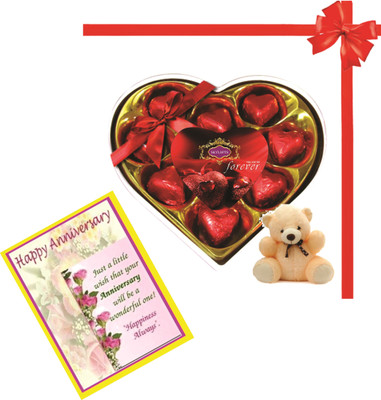 

Skylofts Stylish Heart chocolate box with teddy and anniversary wish card Combo(100gms)