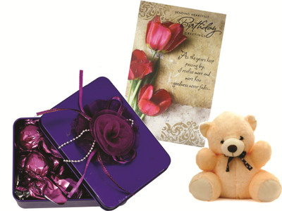 

Skylofts Stylish 100gms Chocolate Ractanguler Tin Gift Pack With Teddy Bear And Birthday Card Combo(90gms)