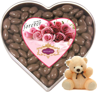 

Skylofts Sweet Chocolate coated Raisins Nutties 400gms Heart Box with A cute heart stuff toy Combo(400gms)