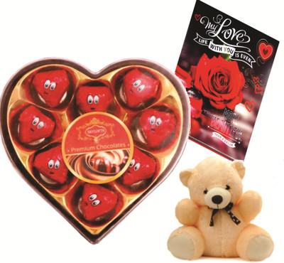 

Skylofts Heart with Heart shaped chocolates and a cute teddy, a love card Combo(100gms)