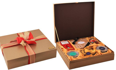 

Zoroy Luxury Chocolate Diwali Leather Hamper box with Metal Lotus and Assorted Goodies Combo(1)