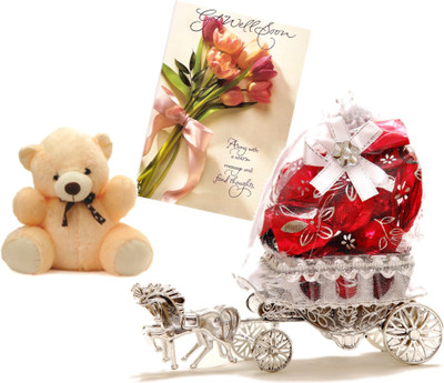 

Skylofts Beautiful Horse Chocolate Gift with a cute teddy & get well soon card Combo(80gms)