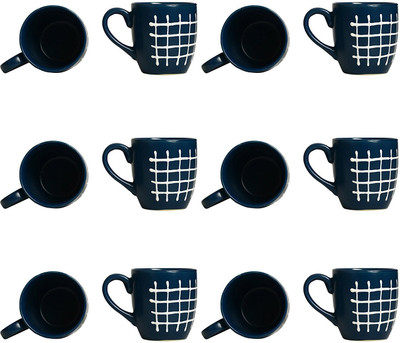 

caffeine Coffee Stoneware in Glossy Blue & White Check (Set of 12) Handmade Ceramic Mug(300 ml, Pack of 12)
