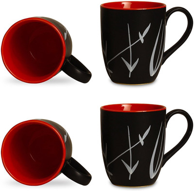 

caffeine Coffee Stoneware in Black & Red Leaf (Set of 4) Handmade Ceramic Mug(300 ml, Pack of 4)