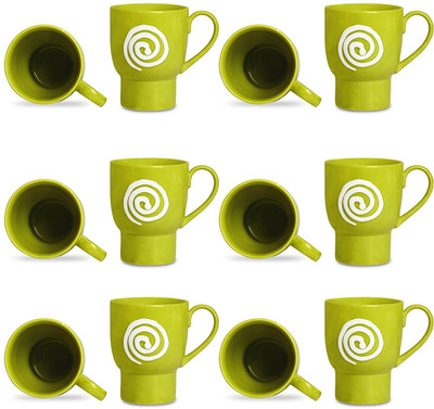

caffeine Coffee Ceramic/Stoneware in Green & White Doodle Platform (Set of 12) Handmade Ceramic Mug(300 ml, Pack of 12), Yellow
