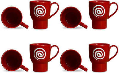 

caffeine Coffee Ceramic/Stoneware in Red & White Doodle Platform (Set of 8) Handmade Ceramic Mug(300 ml, Pack of 8)