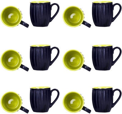 

caffeine Coffee Stoneware in Black & Green Striped (Set of 12) Handmade Ceramic Mug(300 ml, Pack of 12)