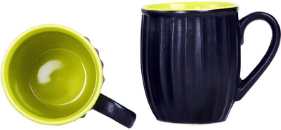 caffeine Coffee Stoneware in Black & Green Striped (Set of 2) Handmade Ceramic Mug(300 ml, Pack of 2)