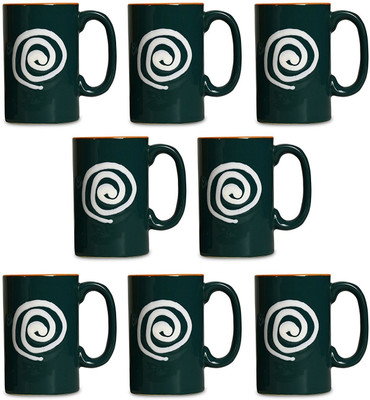 

CAFFEINE Coffee Ceramic/Stoneware in Green & Orange With White Doodle Regular (Set of 8) Handmade Ceramic Mug(300 ml, Pack of 8), Red