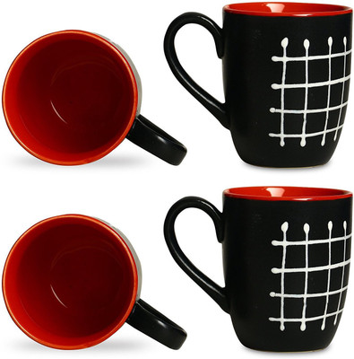 

caffeine Coffee Stoneware in Black & Red Check (Set of 4) Handmade Ceramic Mug(300 ml, Pack of 4)