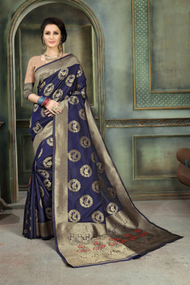 Aashvi Creation Solid, Animal Print Banarasi Jacquard, Cotton Silk, Art Silk, Kota Silk Saree(Dark Blue) Flipkart