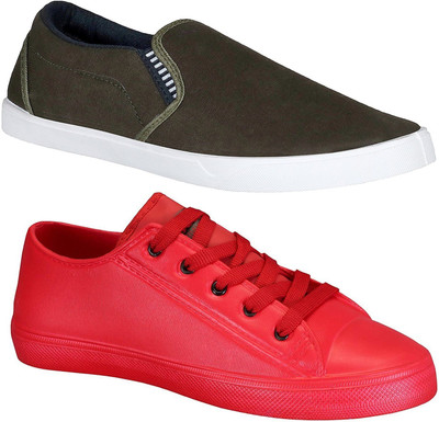 

Pexlo Combo Pack of 2 Casual Shoes (Loafers Shoes) Slip On Sneakers For Men(Red, Olive, Olive & red