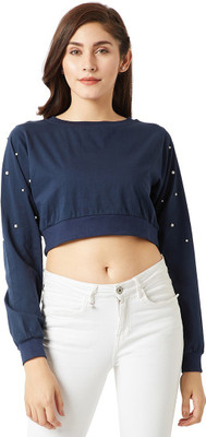 Miss Chase Casual Regular Sleeve Solid Women Dark Blue Top