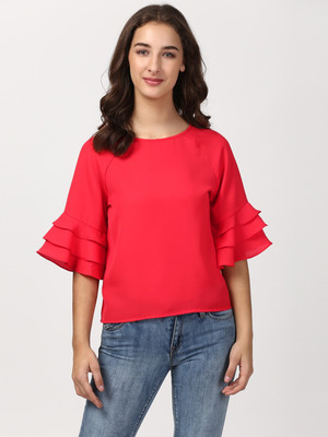 HARPA Casual Layered Sleeve Solid Women Pink Top