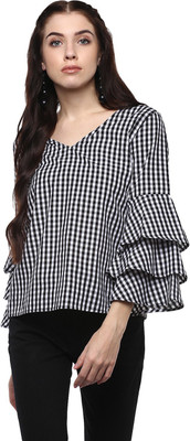 HARPA Casual Layered Sleeve Checkered Women Black Top