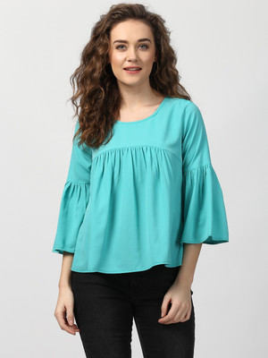 HARPA Casual Bell Sleeve Solid Women Light Blue Top