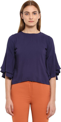 PARK AVENUE Formal Layered Sleeve Solid Women Dark Blue Top