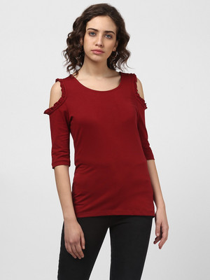 HARPA Casual Cold Shoulder Solid Women Maroon Top