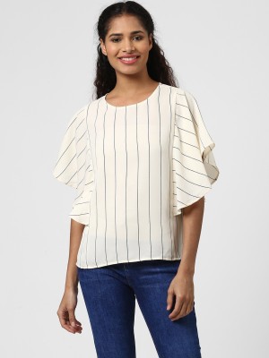 HARPA Casual Butterfly Sleeve Striped Women White Top