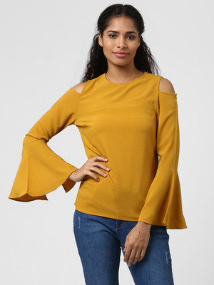HARPA Casual Cold Shoulder, Bell Sleeve Solid Women Yellow Top
