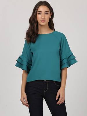 HARPA Casual Layered Sleeve Solid Women Green Top