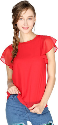 London Rag Casual Flutter Sleeve Solid Women Red Top