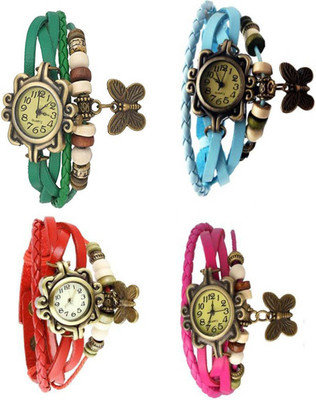 

Mettle Combo Latest Fancy Leather Hand Knit Vintage Watches Dress Bracelet Women Girls Ladies Clover Pendant Retro ( Pack Of 4 )MT-133 Watch - For Girls