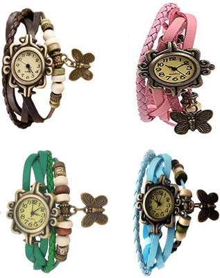 

Mettle Combo Latest Fancy Leather Hand Knit Vintage Watches Dress Bracelet Women Girls Ladies Clover Pendant Retro ( Pack Of 4 )MT-140 Watch - For Women