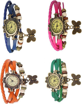 

Mettle Combo Latest Fancy Leather Hand Knit Vintage Watches Dress Bracelet Women Girls Ladies Clover Pendant Retro ( Pack Of 4 )MT-166 Watch - For Girls