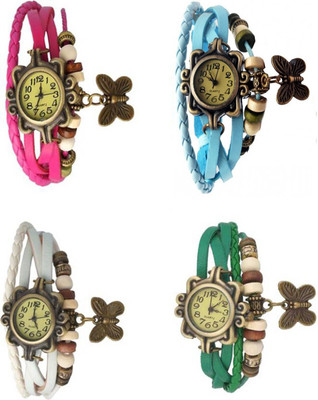 

Mettle Combo Latest Fancy Leather Hand Knit Vintage Watches Dress Bracelet Women Girls Ladies Clover Pendant Retro ( Pack Of 4 )MT-113 Watch - For Women