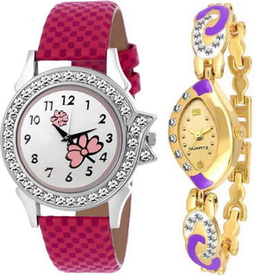 

TRUE KART New Unique Collection Pink Flower Dial Leather Belt Combo Watch - For Women