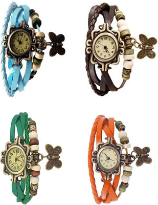 

Mettle Combo Latest Fancy Leather Hand Knit Vintage Watches Dress Bracelet Women Girls Ladies Clover Pendant Retro ( Pack Of 4 )MT-174 Watch - For Women