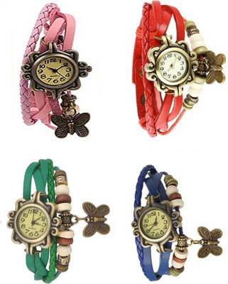 

Mettle Combo Latest Fancy Leather Hand Knit Vintage Watches Dress Bracelet Women Girls Ladies Clover Pendant Retro ( Pack Of 4 )MT-131 Watch - For Women