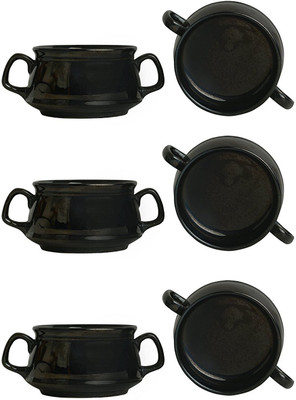 

caffeine Katori Soup Bowl With Spoon in Mettalic Black Double Handled (Set of 6) Ceramic Bowl Set(Black, Pack of 6)