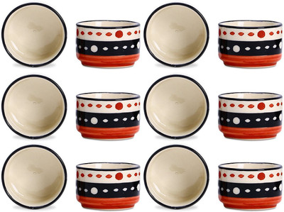 

caffeine Dip and Sauce Round Serving Bowl in Orange and Black Circles (Set of 12) Ceramic Bowl Set(Black, Orange, Pack of 12)