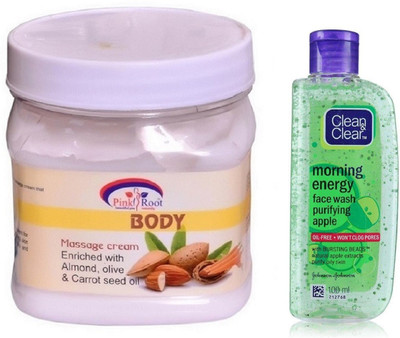 

Pink Root BODY MASSAGE CREAM 500ML WITH CLEAN & CLEAR APPLE FACE WASH(Set of 2)
