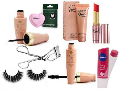 

Ultimate Silicon Puff And Nivea Lip Balm With Lakme 9to5 Mousse Foundation 6gm,Liquid Eyeliner With Mascara & Primer+Matte Lipstick & Eyelashes Curler,Eyelashes(Set of 8)