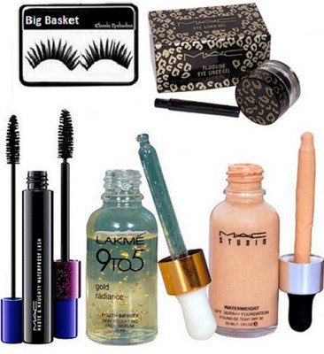 

big basket eyelashes ,mac studio water weight foundation & Mac Haute and Naughty Double Effect mascara and gel eyeliner, 9 to 5 gold radiance face serum(Set of 5)