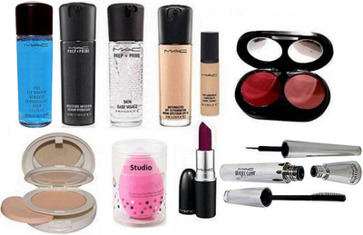

studio Sponge Puff And Mac Pro Eye Makeup Remover, Matchmaster Foundation, Prep+prime Skin Base Visage Primer, Moisture Infusion Serum, Pro long wear Concealer, 2 shade Blusher, Lightful Compact, Lipstick, Brook Candy Eyeliner & Mascara(Set of 11)