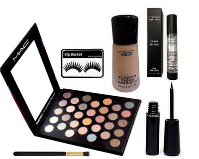 

big Basket Eyelashes & Mac 32 Multi Color Eye Shadow Palette, makeup Brush, Prep+Prime Pearl Gel Primer, Mineralize moisture foundation(Set of 6)