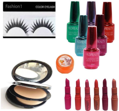 

FASHION 1 Combo SETS Compact , Eyelash ,mascara , matte lipstick(6), mirror nail polish (set of 6)with nails remover (set of 14)(Set of 15)