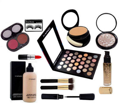 

Divas Beauty Eyelashes, Mac Illuminator, 32 Eyeshadow Palette, Face & Body Foundation, 2 Shades Blusher, Two Way Compact, Liquid Eyeliner, 2 Brush, Kylie Matte Foundation, Matte Finish Lipstick(Set of 11)