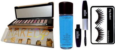 big Basket Eyelashes, Pro Eyemakeup Remover & Urban Decay Naked 4 Eyeshadow Palette & Color Bar 2 in 1 Liner+Mascara(Set of 4)