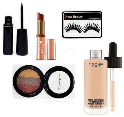 

Divas Beauty Eyelashes, Mac Studio Waterweight Foundation, Liquid Eyeliner, fard A" Joues Mineralize Eyeshadow, 9to5 Matte Lipstick(Set of 5)
