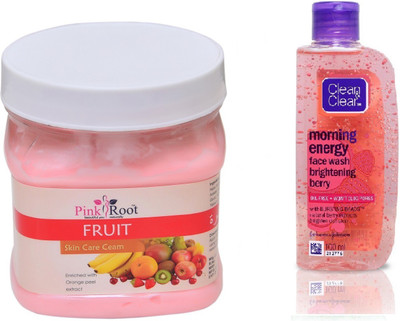 

Pink Root FRUIT CREAM 500ML WITH CLEAN & CLEAR BRIGHTENING BERRY FACE WASH(Set of 2)