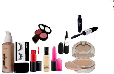 

Ultimate Eyelashes & Mac Makeup 24hr Pro Long Wear Spf 10 Foundation, lightful compact and candy yum yum lipstick, stick K and 2 shades blusher and Versicolor stain encre lipgloss Pro longwear concealer, Colorbar 2 in 1 waterproof eyeliner and mascara(Set